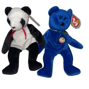 Vintage Ty Plush Panda and Blue Bear Set